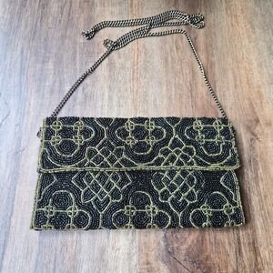 Berry Beaded Evening Clutch Bag Black Gold Geometric Crossbody Wedding Vintage